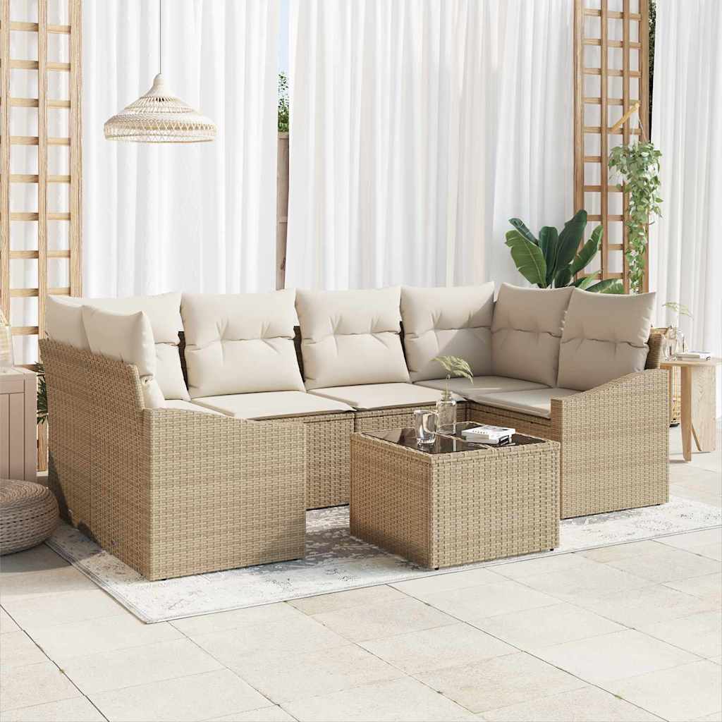 Sofa Set mit Kissen 7 pcs Beige und Creme Poly Rattan