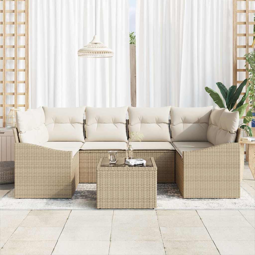 Sofa Set mit Kissen 7 pcs Beige und Creme Poly Rattan