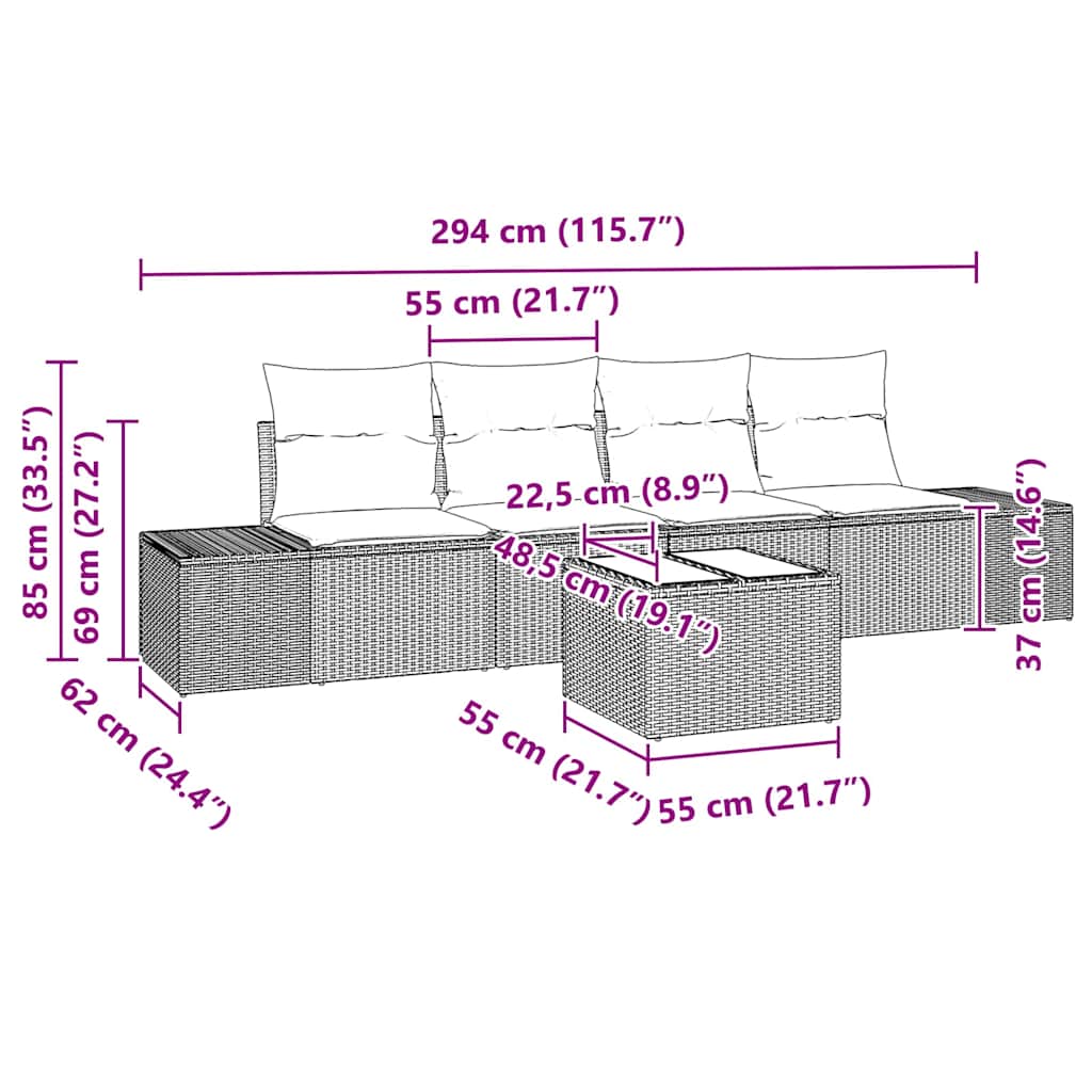 Sofa Set mit Kissen 5 pcs Braun und Creme Poly Rattan