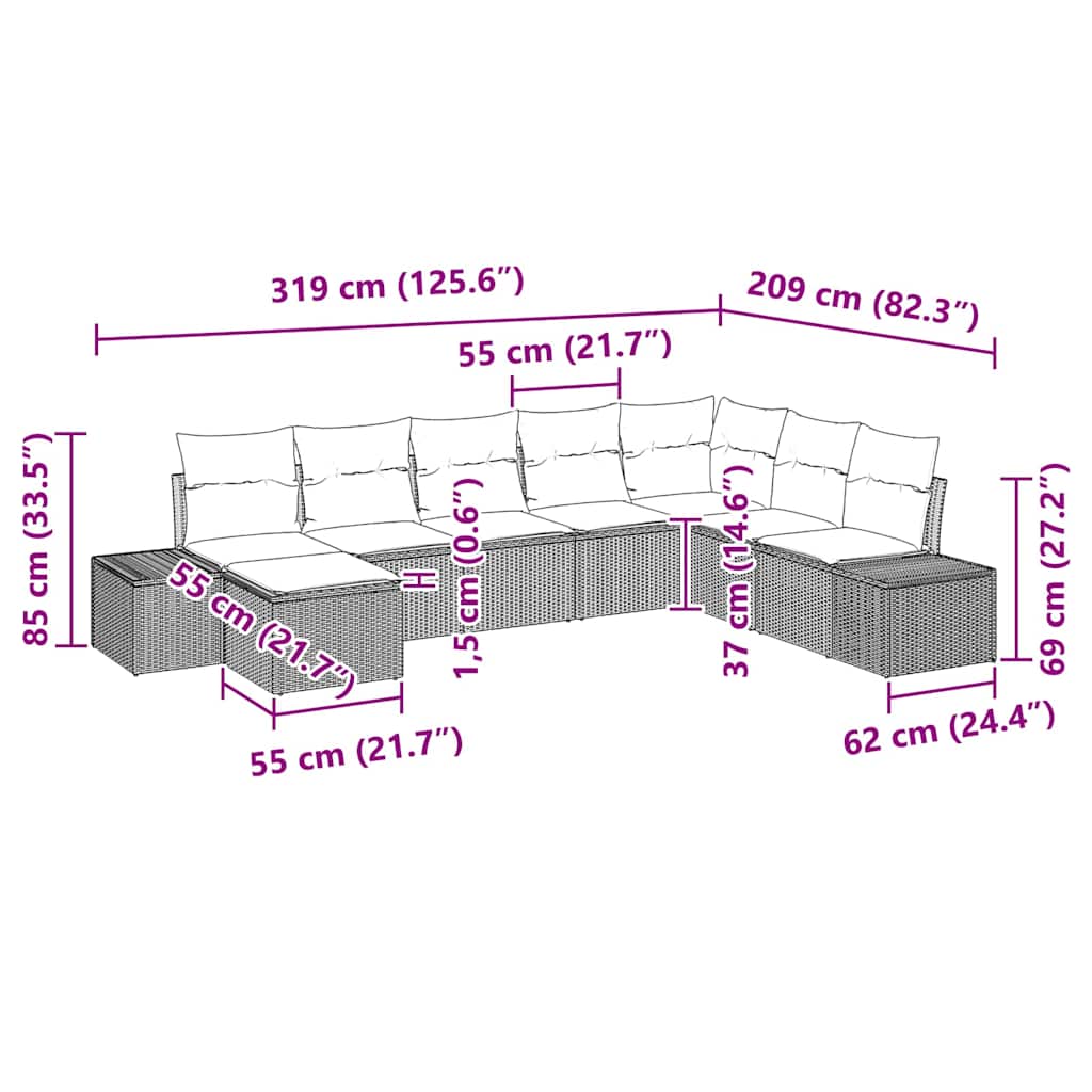 Gartensofa-set mit Kissen 8 pcs Schwarz Poly-Rattan