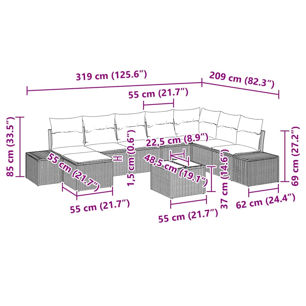 Gartensofa-set mit Kissen 9 pcs Beige Poly-Rattan