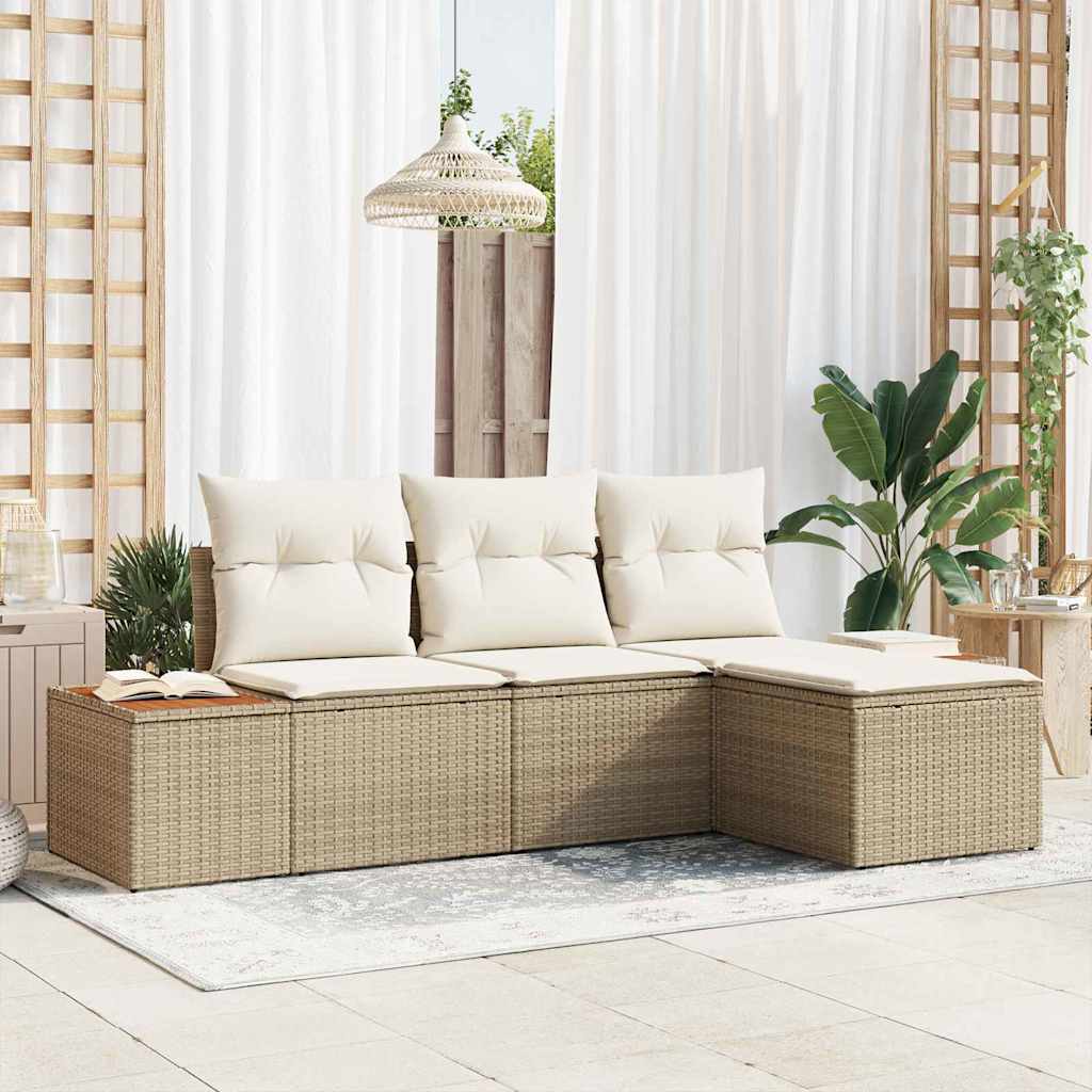 Garten-Sofa-Set mit Kissen mit Kissen 4 pcs Beige Poly-Rattan