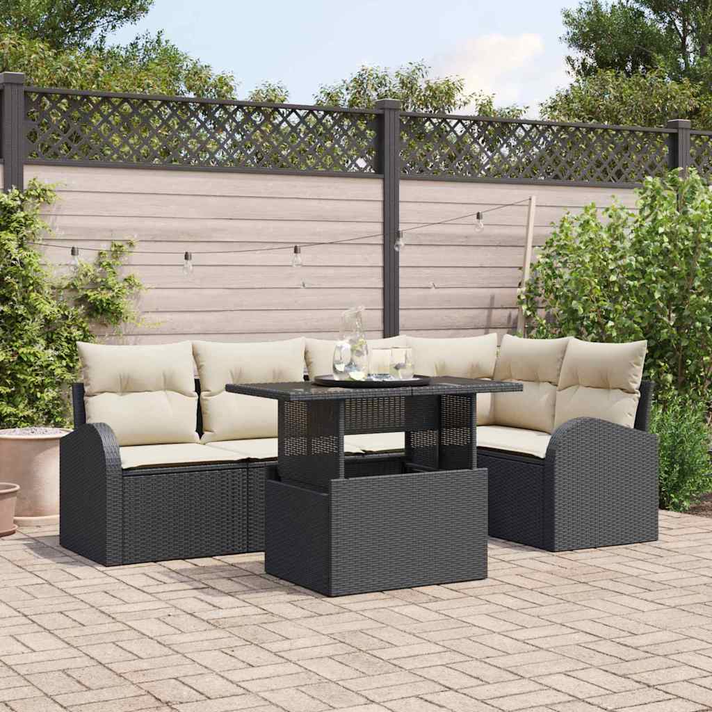 Gartensofa-set mit Speicher 6 pcs Schwarz und Creme Poly-Rattan