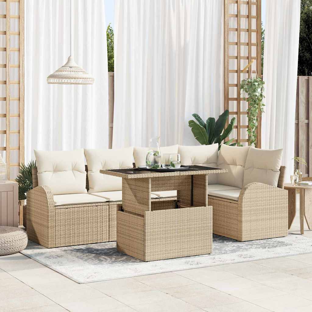 Gartensofa-set mit Speicher 6 pcs Braun und Creme Poly-Rattan