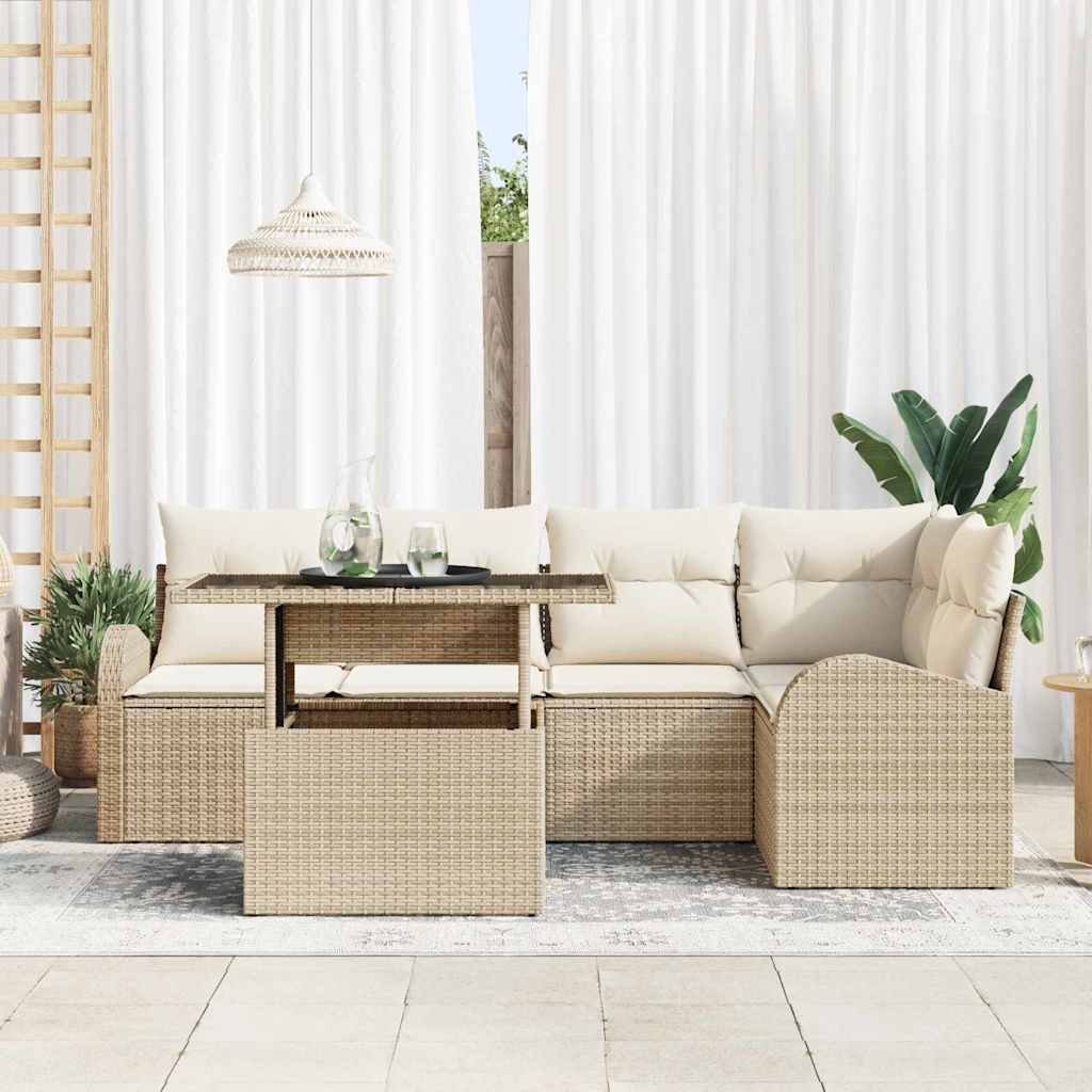 Gartensofa-set mit Speicher 6 pcs Braun und Creme Poly-Rattan