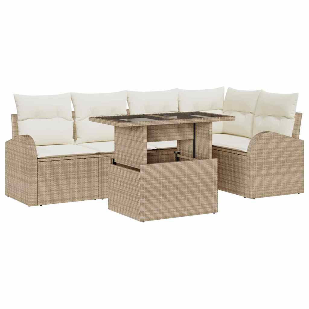 Gartensofa-set mit Speicher 6 pcs Braun und Creme Poly-Rattan