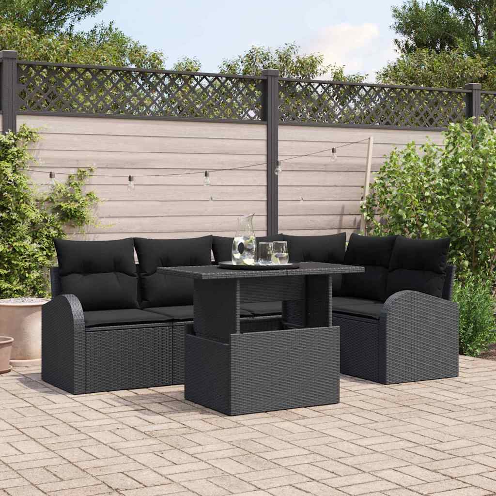 Garten-Sofa-Set mit Kissen 6 pcs Schwarz Poly-Rattan