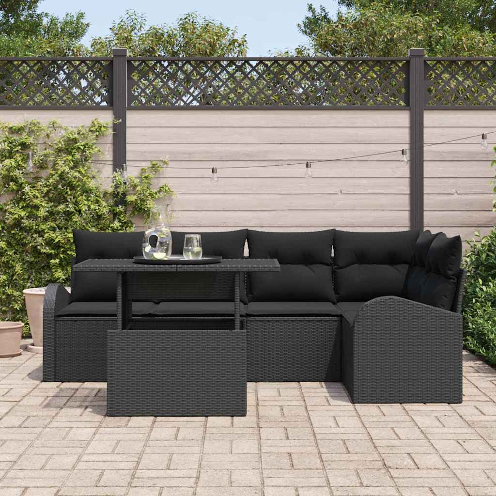 Garten-Sofa-Set mit Kissen 6 pcs Schwarz Poly-Rattan