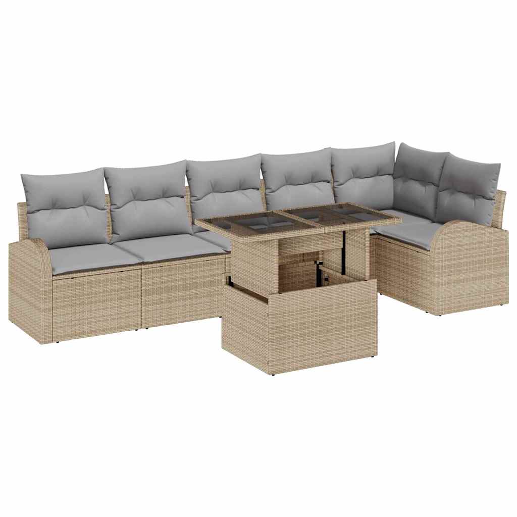 Garten-Sofa-Set mit Kissen 7 pcs Beige und Hellgrau Poly-Rattan