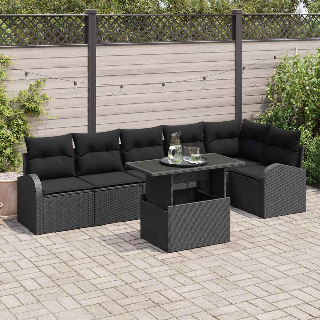 Gartensofa-set mit Speicher 7 pcs Schwarz Poly-Rattan