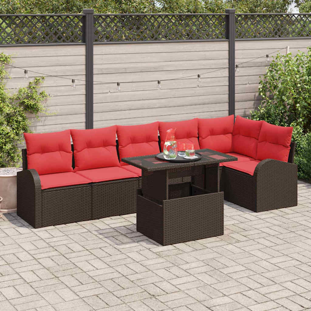 Gartensofa-set mit Speicher 7 pcs Braun und Rot Poly-Rattan