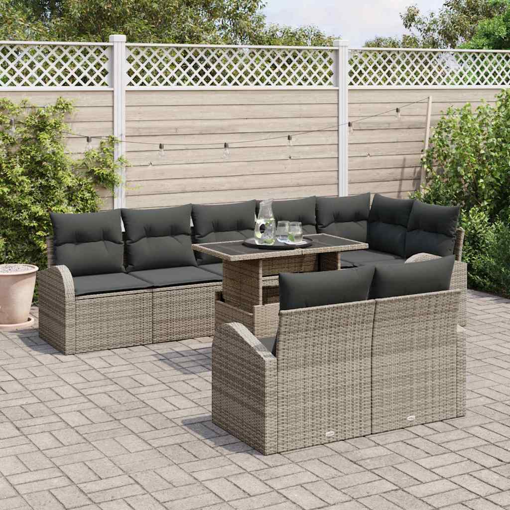 Gartensofa-set mit Speicher mit Kissen 9 pcs Grau Poly-Rattan