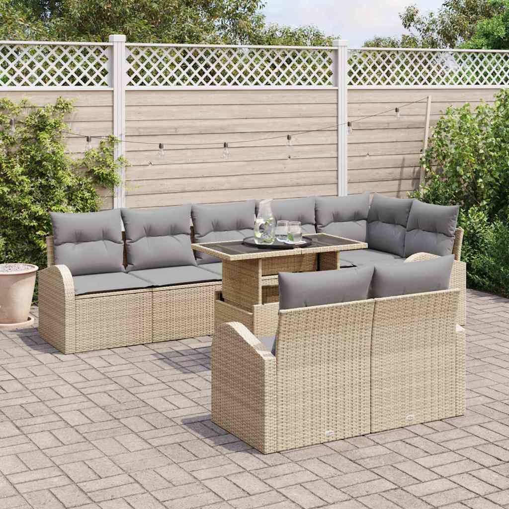 Gartensofa-set mit Kissen 9 pcs Beige und Hellgrau Poly-Rattan