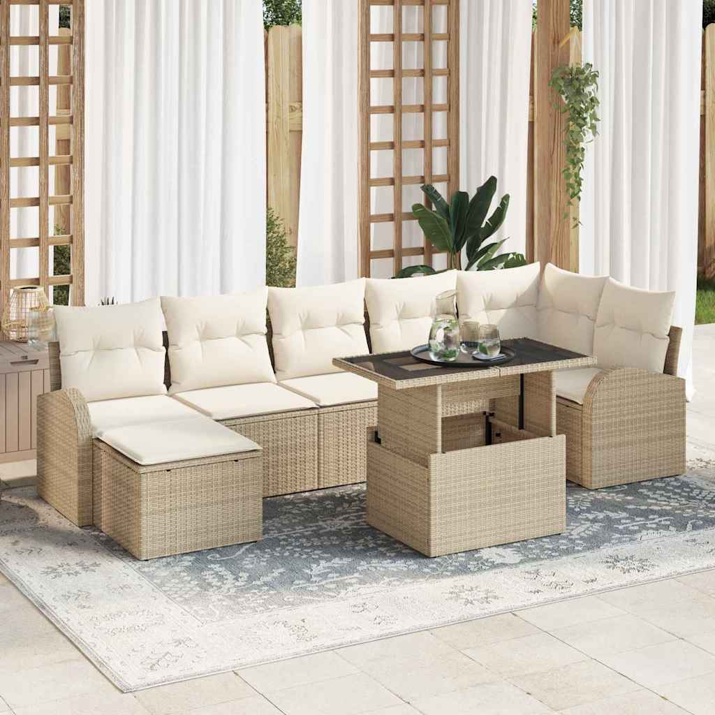 Gartensofa-set mit Speicher 8 pcs Beige und Creme Poly-Rattan