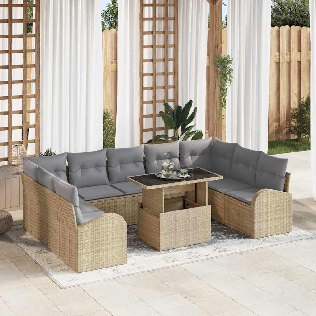 Gartensofa-set mit Kissen 10 pcs Beige und Hellgrau Poly-Rattan