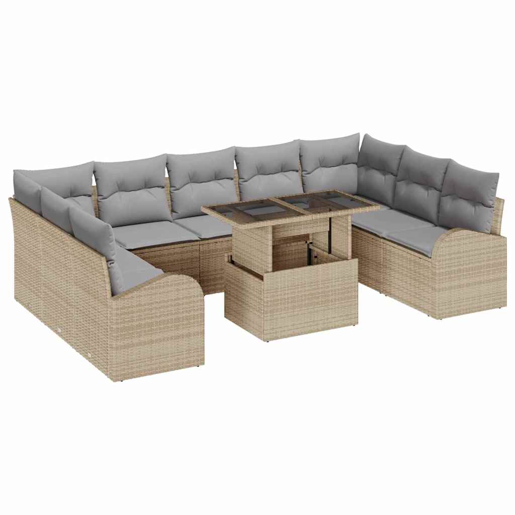 Gartensofa-set mit Kissen 10 pcs Beige und Hellgrau Poly-Rattan