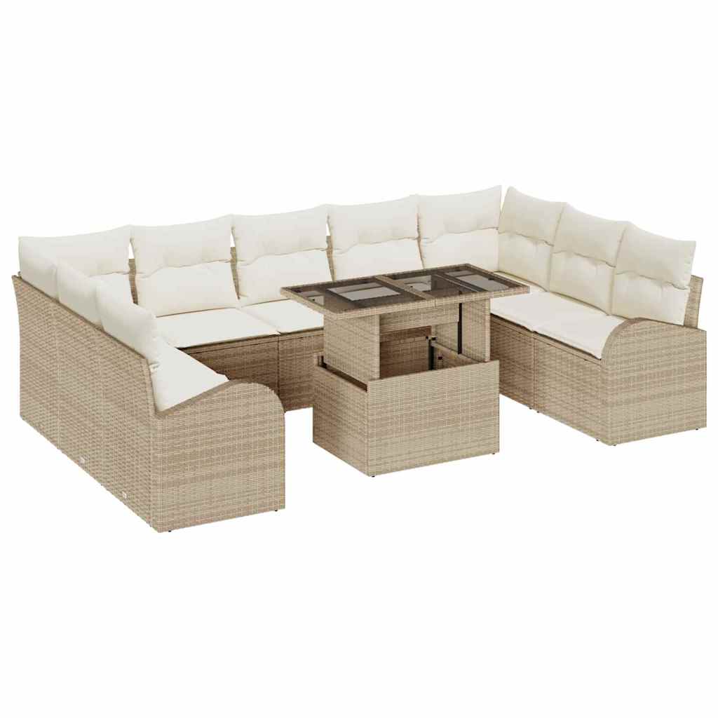 Gartensofa-set mit Speicher 10 pcs Beige und Creme Poly-Rattan