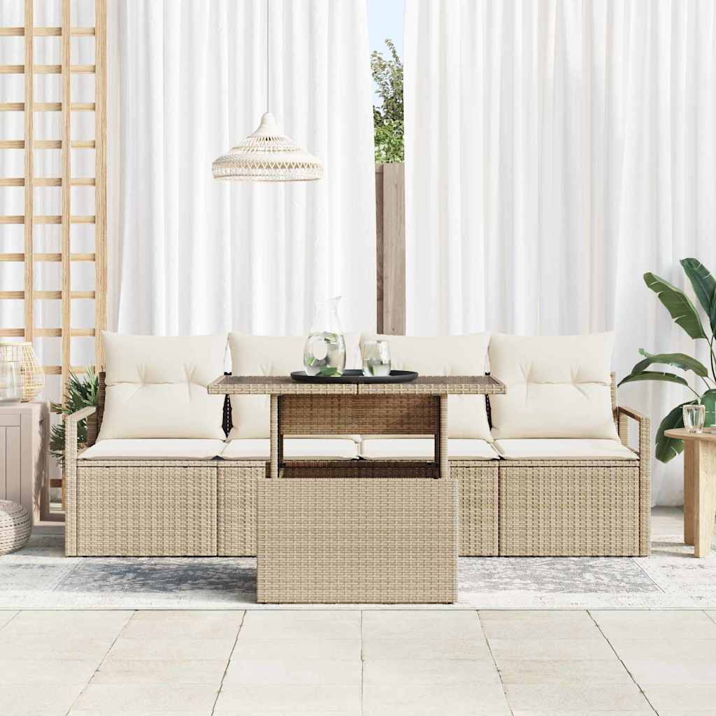 Gartensofa-set mit Speicher 5 pcs Beige und Creme Poly-Rattan