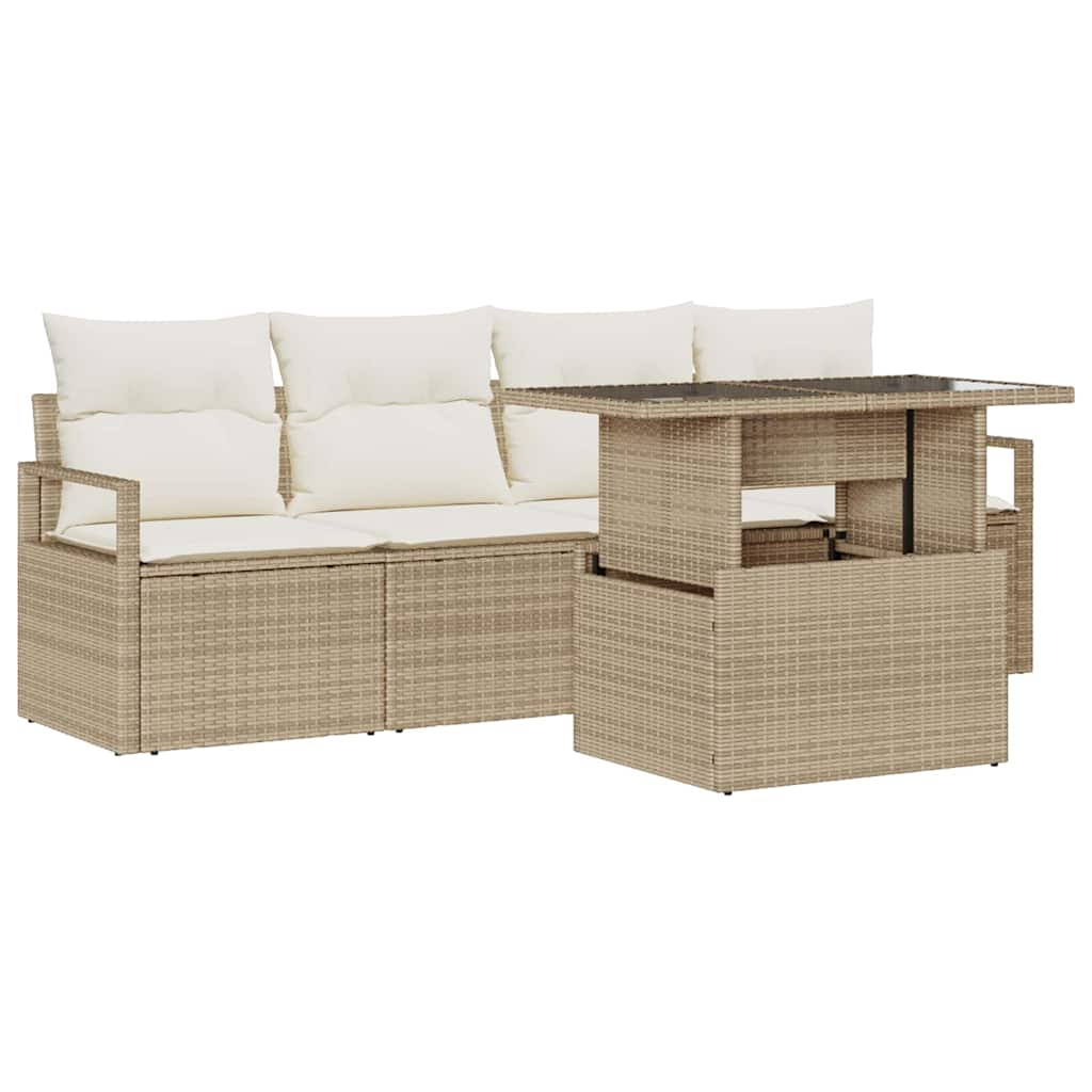 Gartensofa-set mit Speicher 5 pcs Beige und Creme Poly-Rattan
