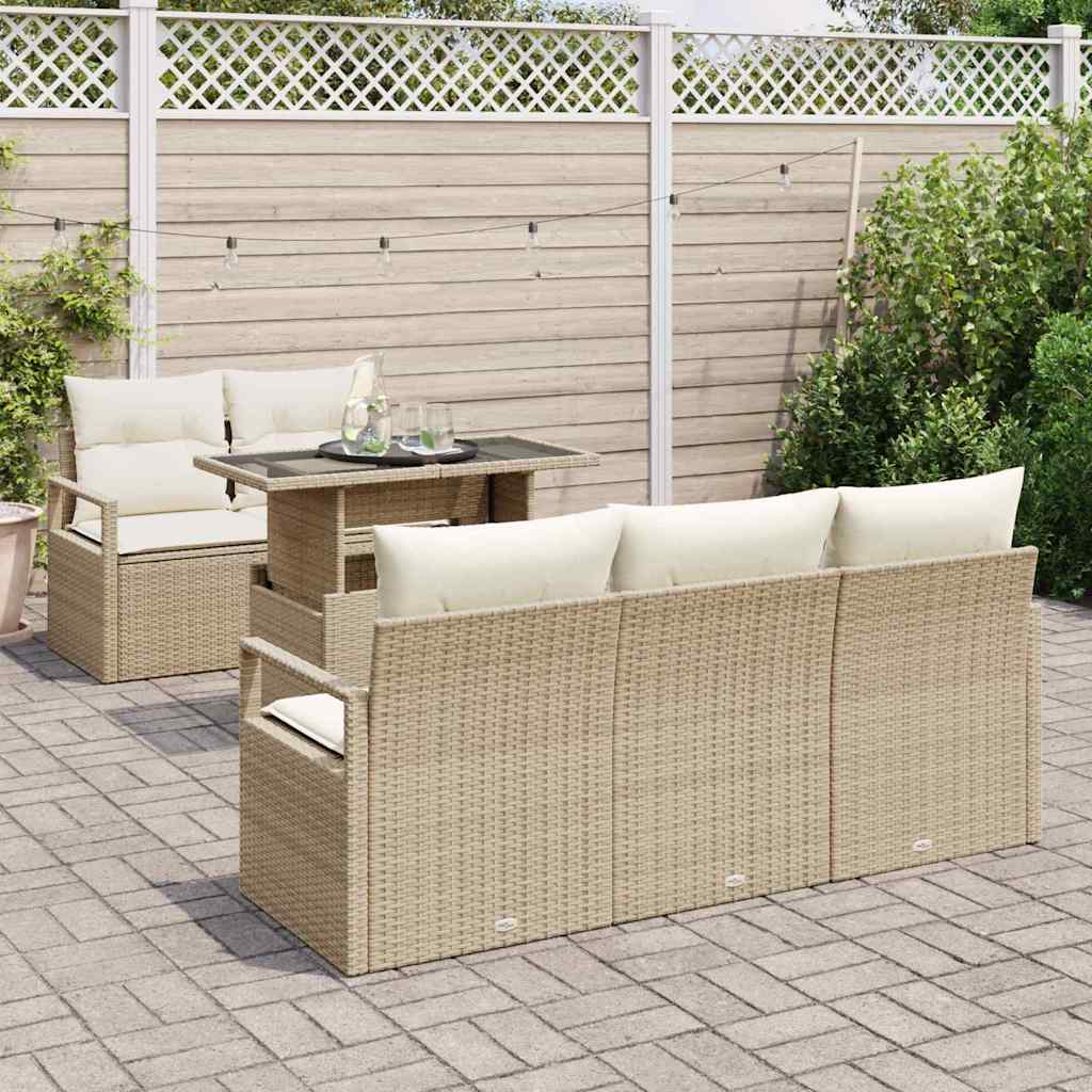 Gartensofa-set mit Speicher 6 pcs Beige und Creme Poly-Rattan