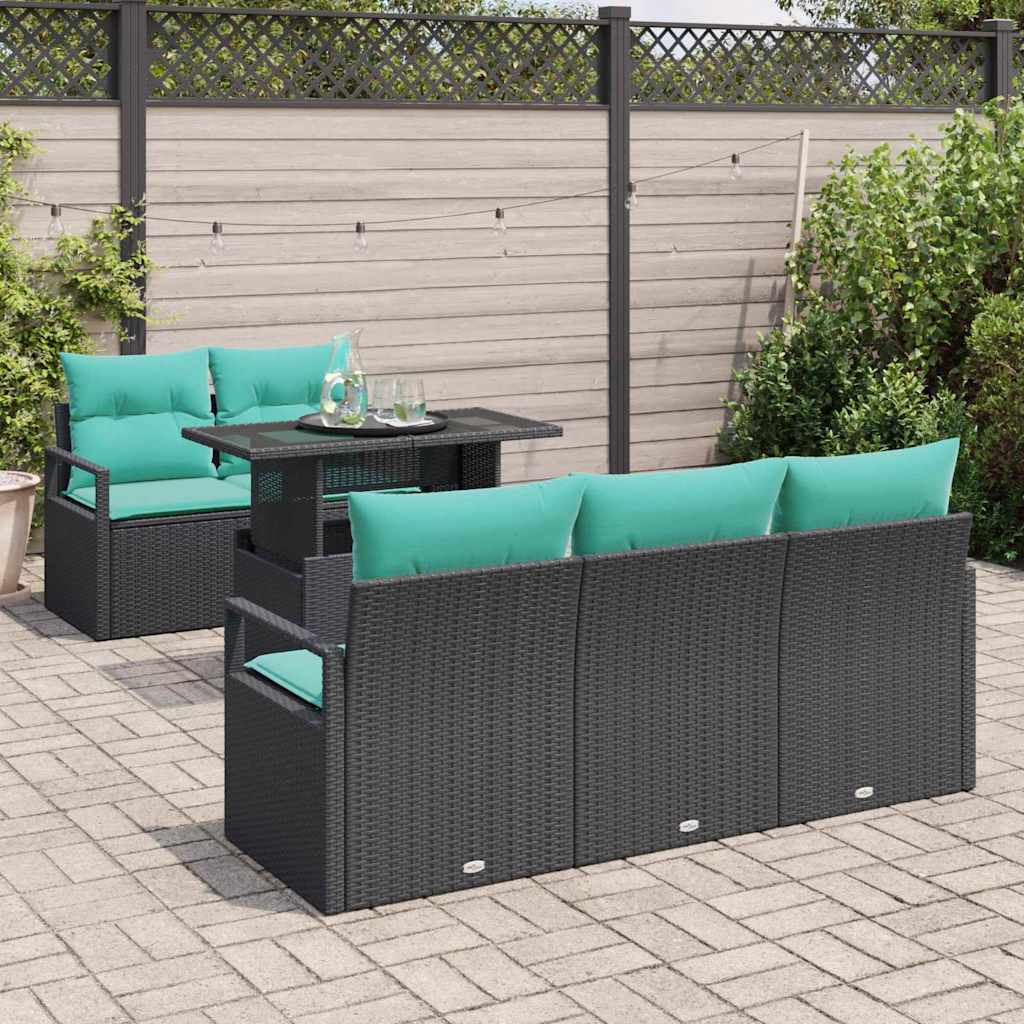 Gartensofa-set mit Speicher 6 pcs Schwarz und Blau Poly-Rattan