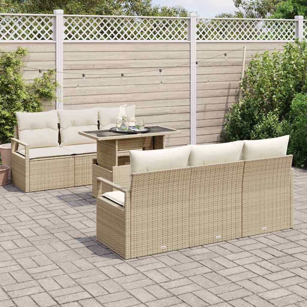 Gartensofa-set mit Speicher mit Kissen 7 pcs Beige Poly-Rattan