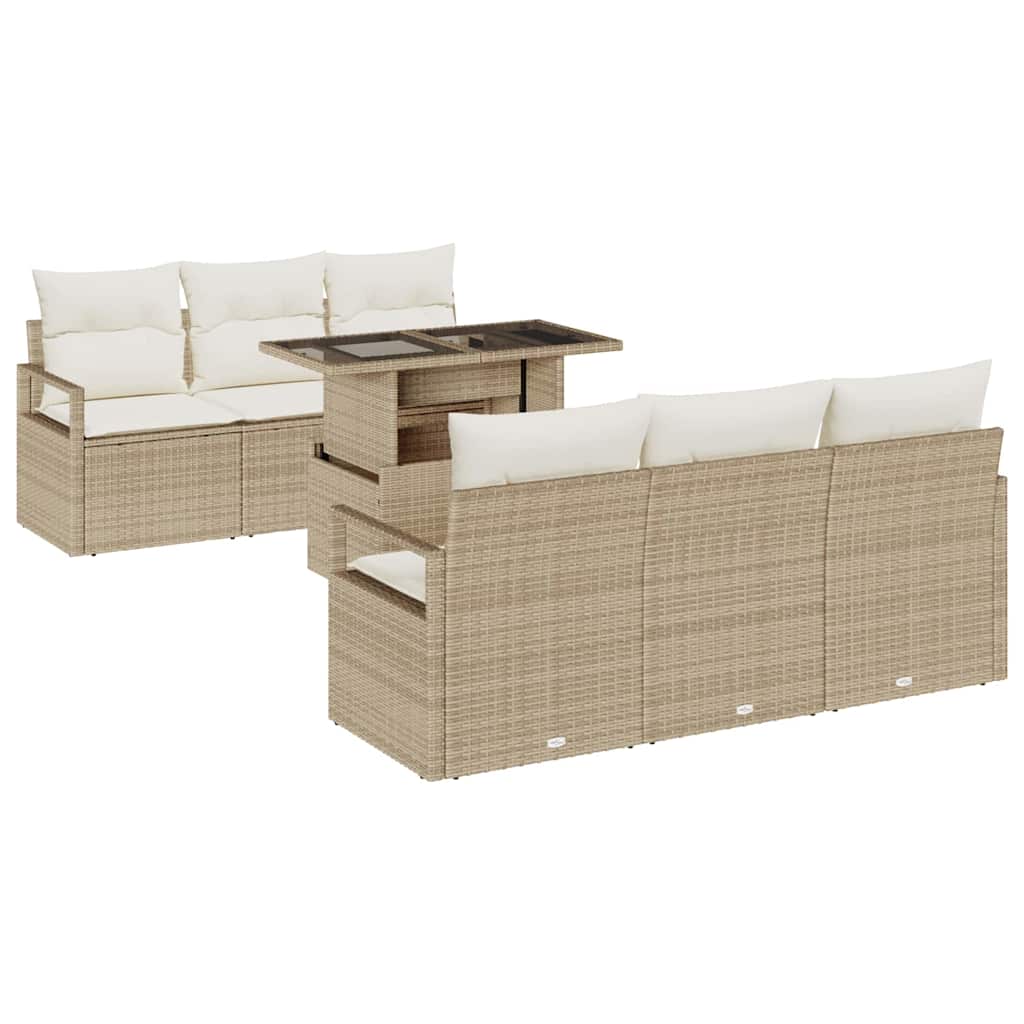 Gartensofa-set mit Speicher mit Kissen 7 pcs Beige Poly-Rattan