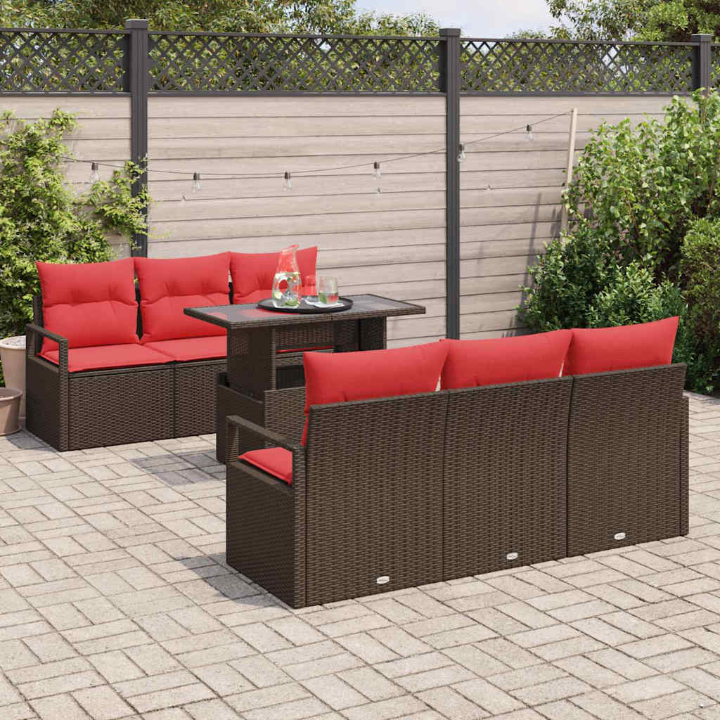 Gartensofa-set mit Speicher 7 pcs Braun und Rot Poly-Rattan