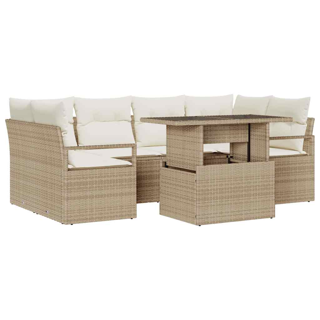Gartensofa-set mit Speicher mit Kissen 7 pcs Beige Poly-Rattan