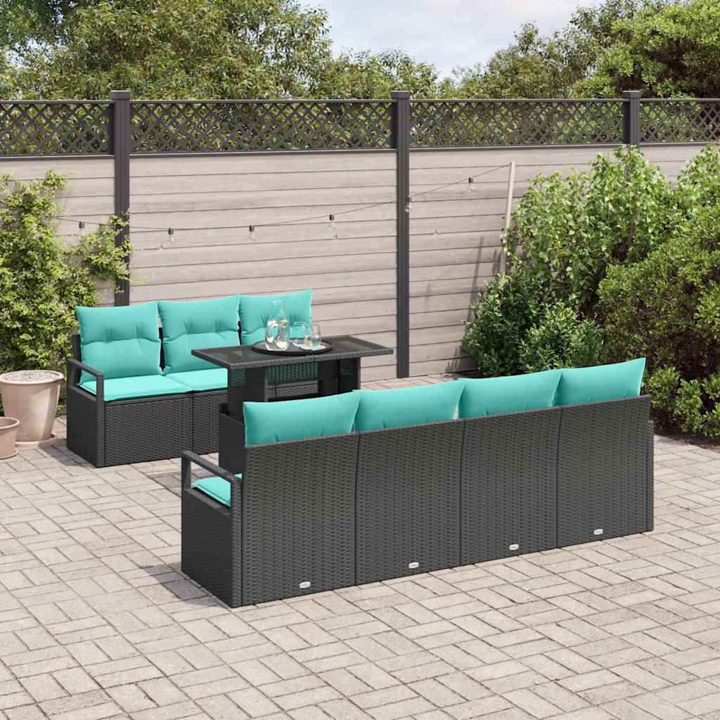 Gartensofa-set mit Speicher 8 pcs Schwarz und Blau Poly-Rattan