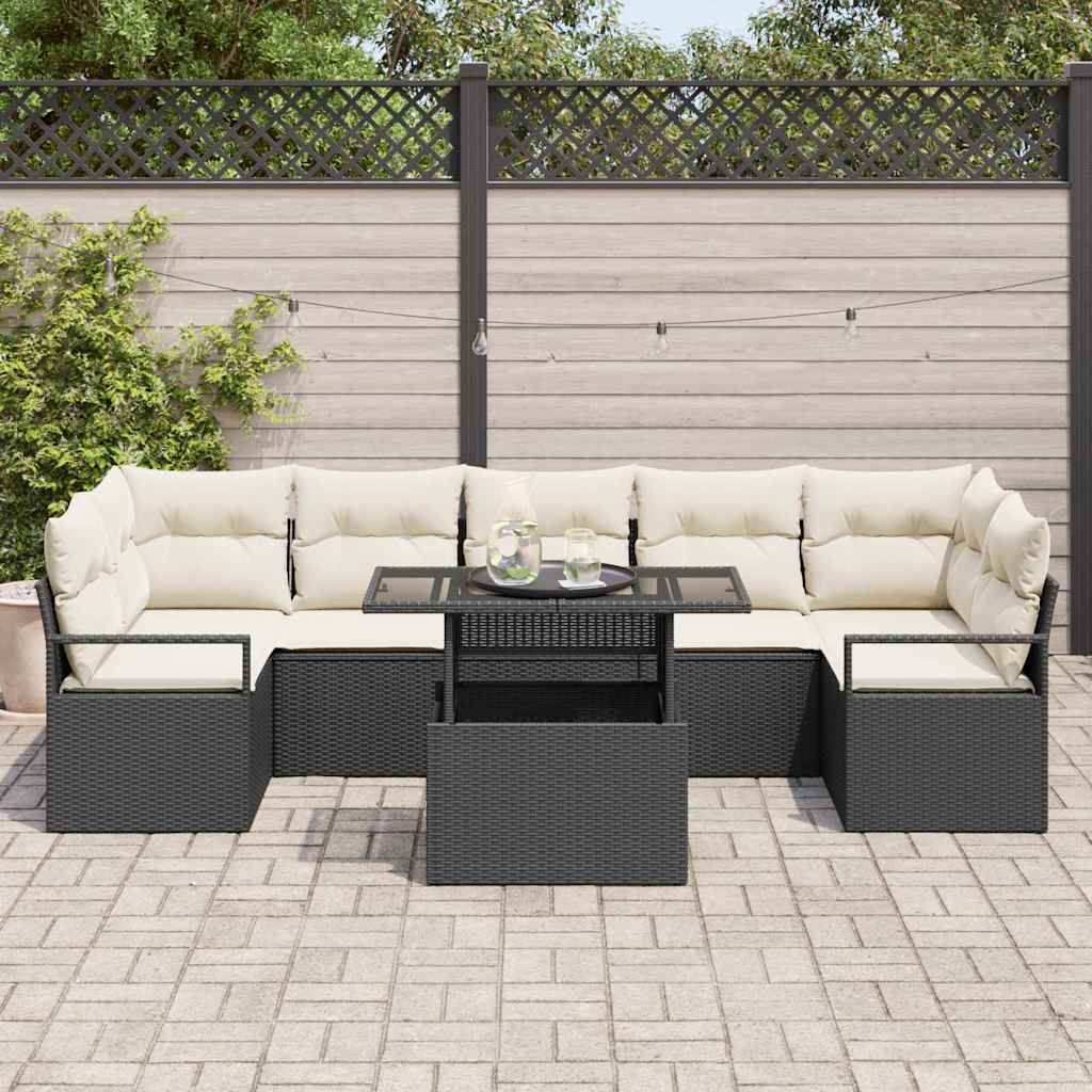 Garten-Sofa-Set mit Kissen 8 pcs Schwarz und Creme Poly-Rattan