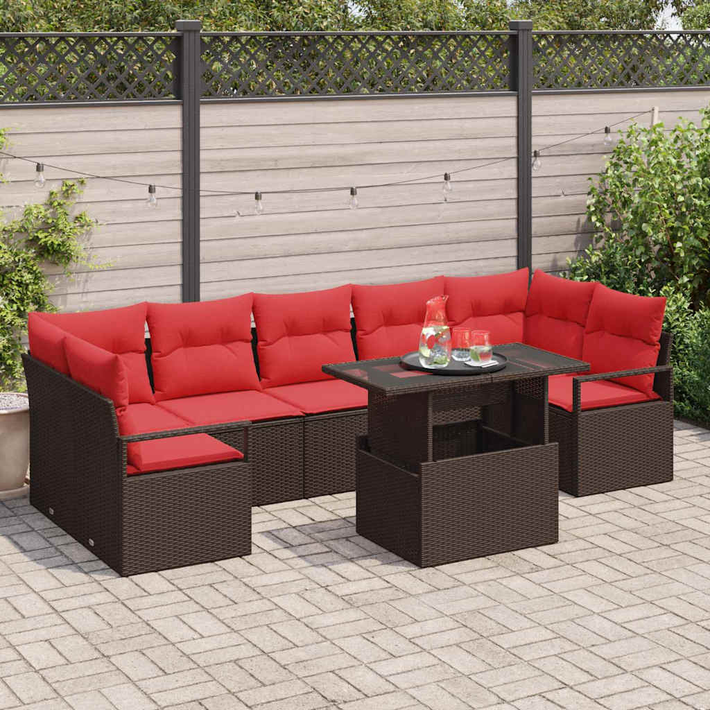 Garten-Sofa-Set mit Kissen 8 pcs Braun und Rot Poly-Rattan