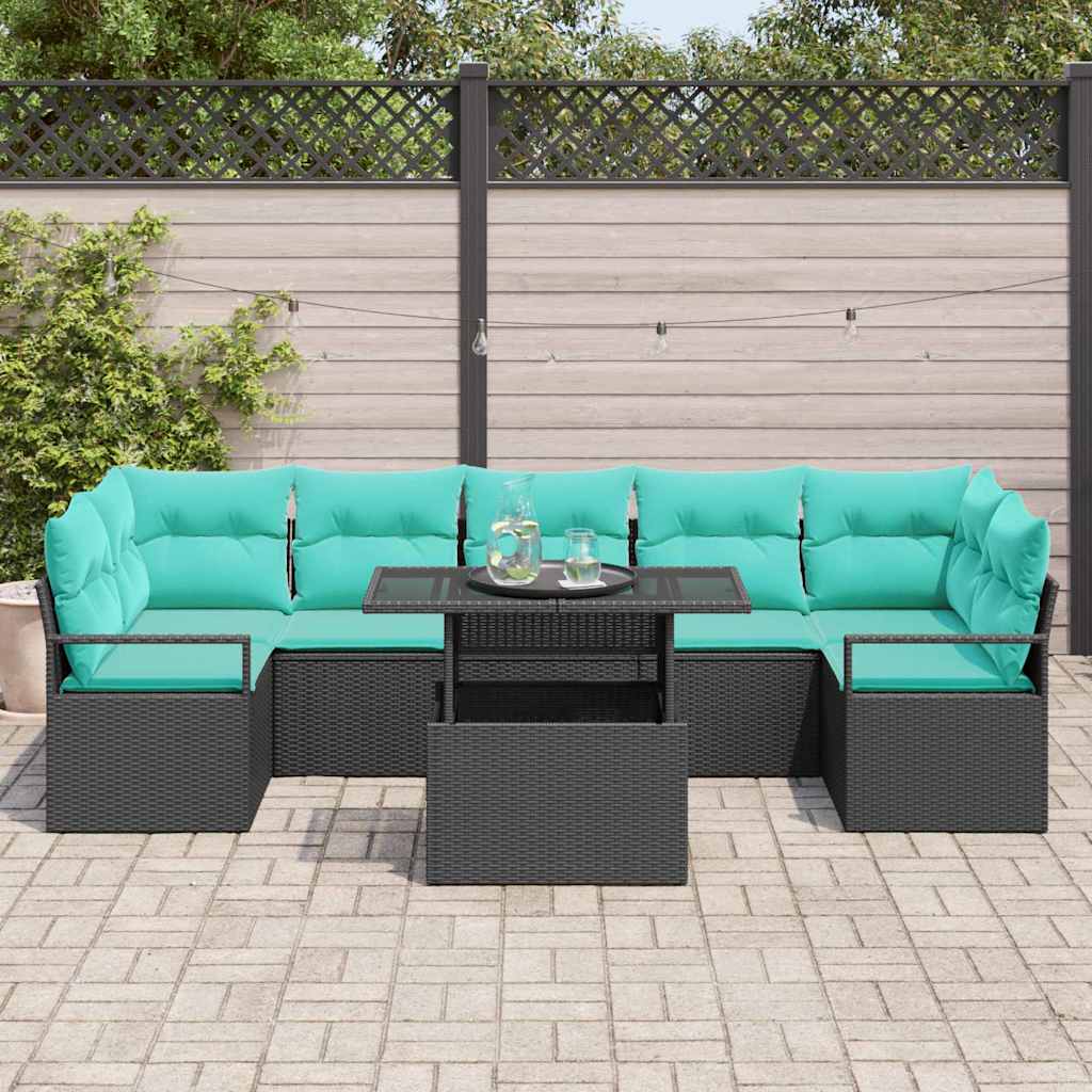 Garten-Sofa-Set mit Kissen 8 pcs Schwarz und Blau Poly-Rattan