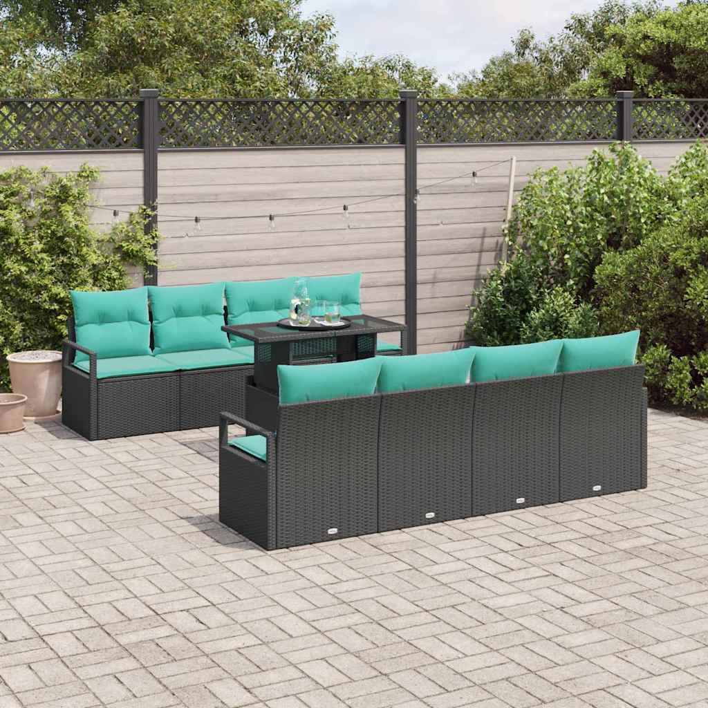 Garten-Sofa-Set mit Kissen 7 pcs Schwarz und Blau Poly-Rattan