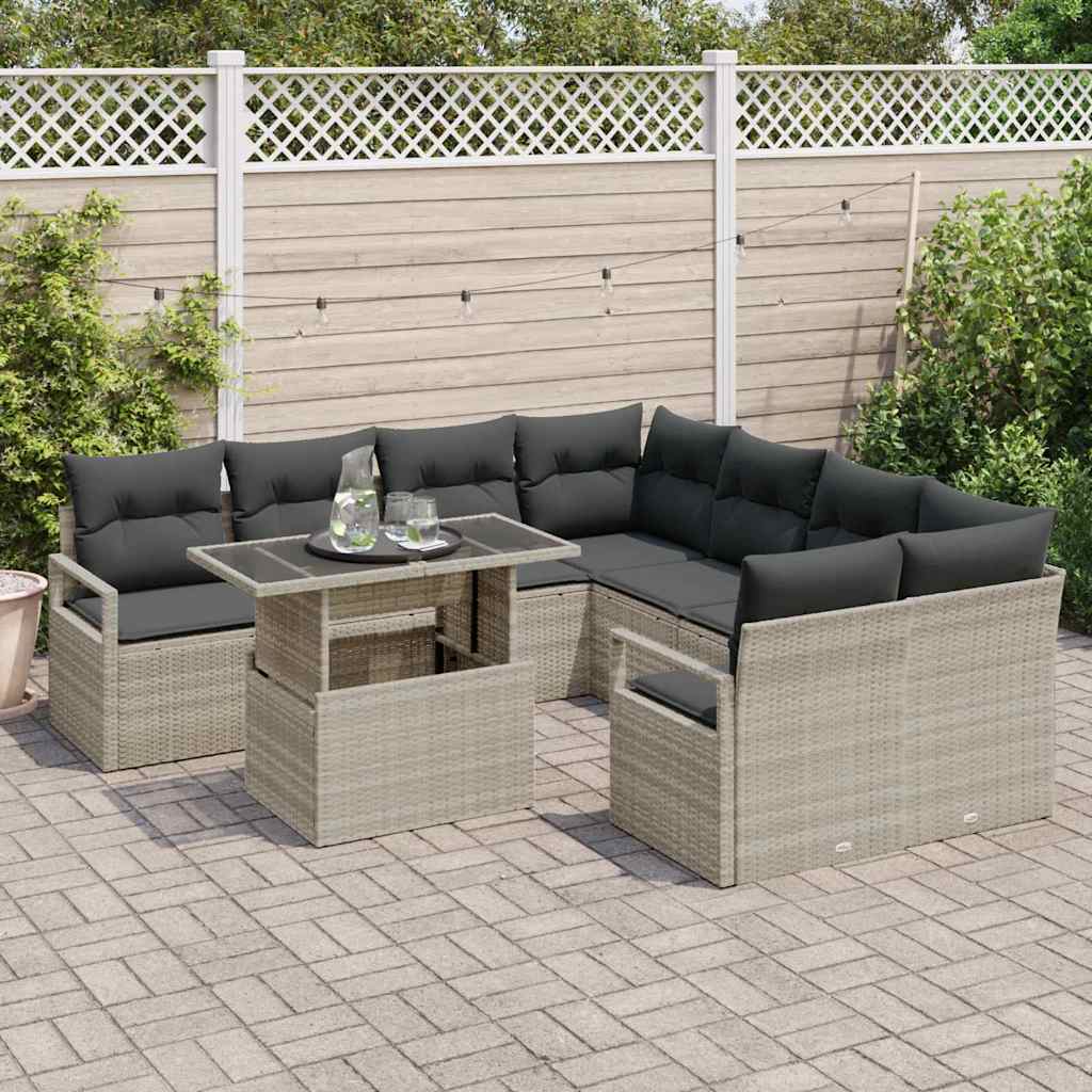 Garten-Sofa-Set mit Kissen 9 pcs Hellgrau Poly-Rattan