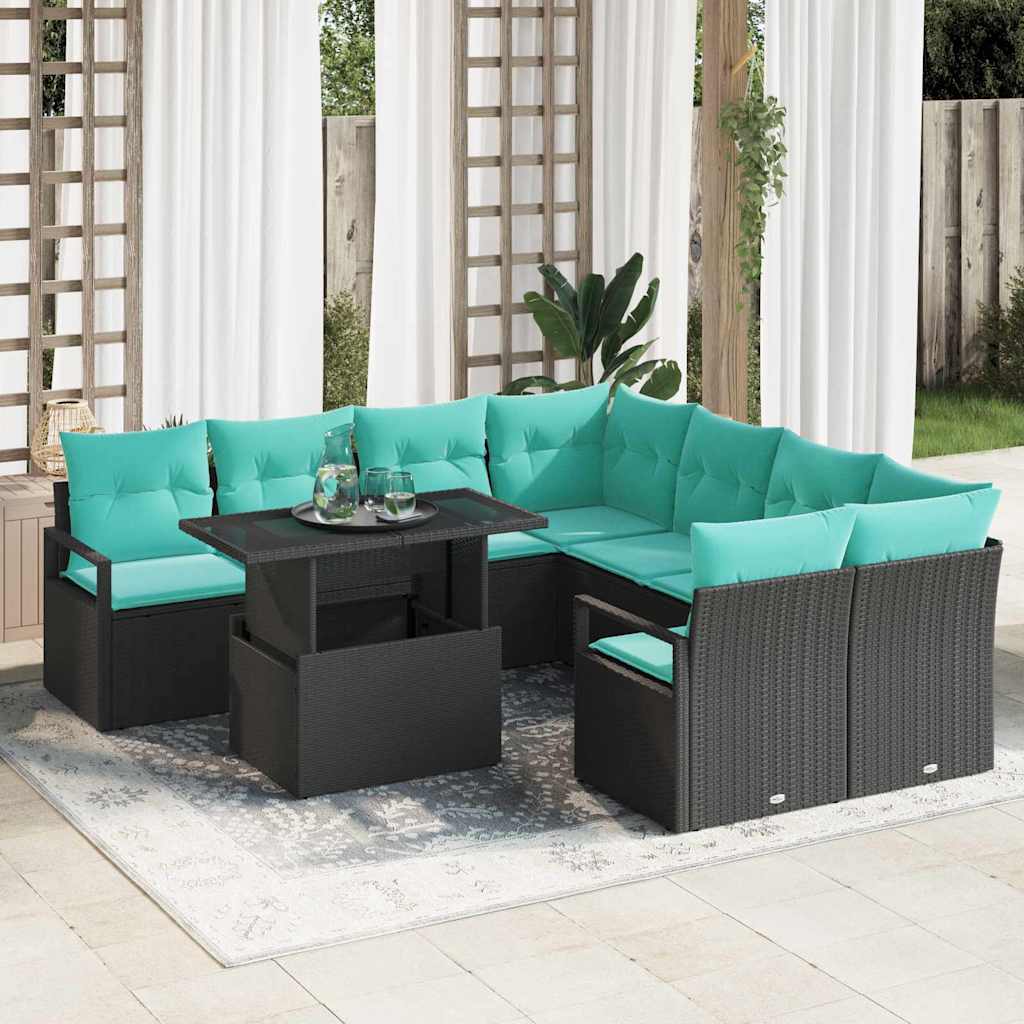 Gartensofa-set mit Speicher 9 pcs Schwarz und Blau Poly-Rattan