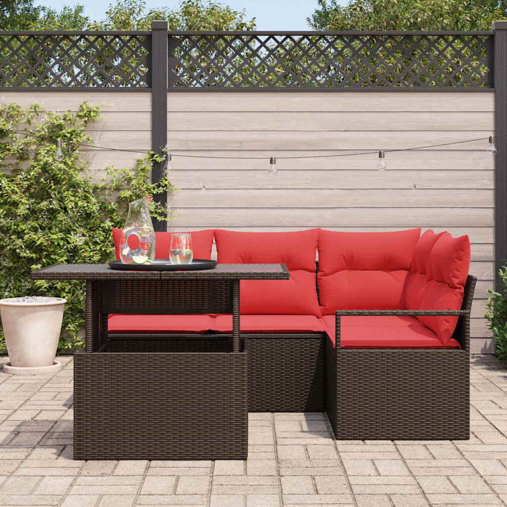 Gartensofa-set mit Speicher 5 pcs Braun und Rot Poly-Rattan