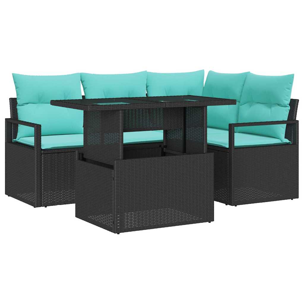 Garten-Sofa-Set mit Kissen 5 pcs Schwarz und Blau Poly-Rattan