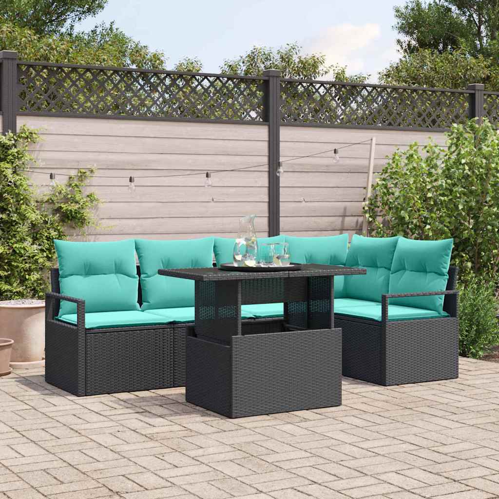Garten-Sofa-Set mit Kissen 6 pcs Schwarz und Blau Poly-Rattan