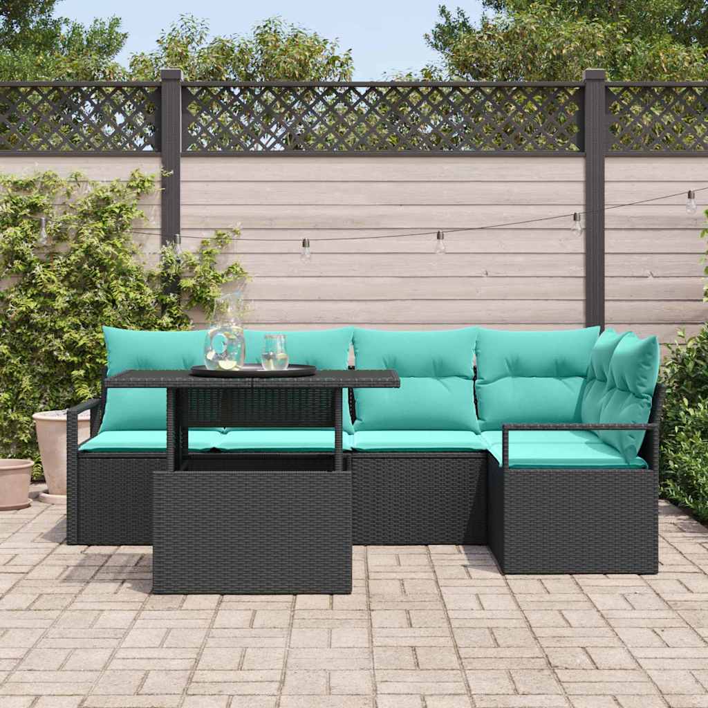 Garten-Sofa-Set mit Kissen 6 pcs Schwarz und Blau Poly-Rattan