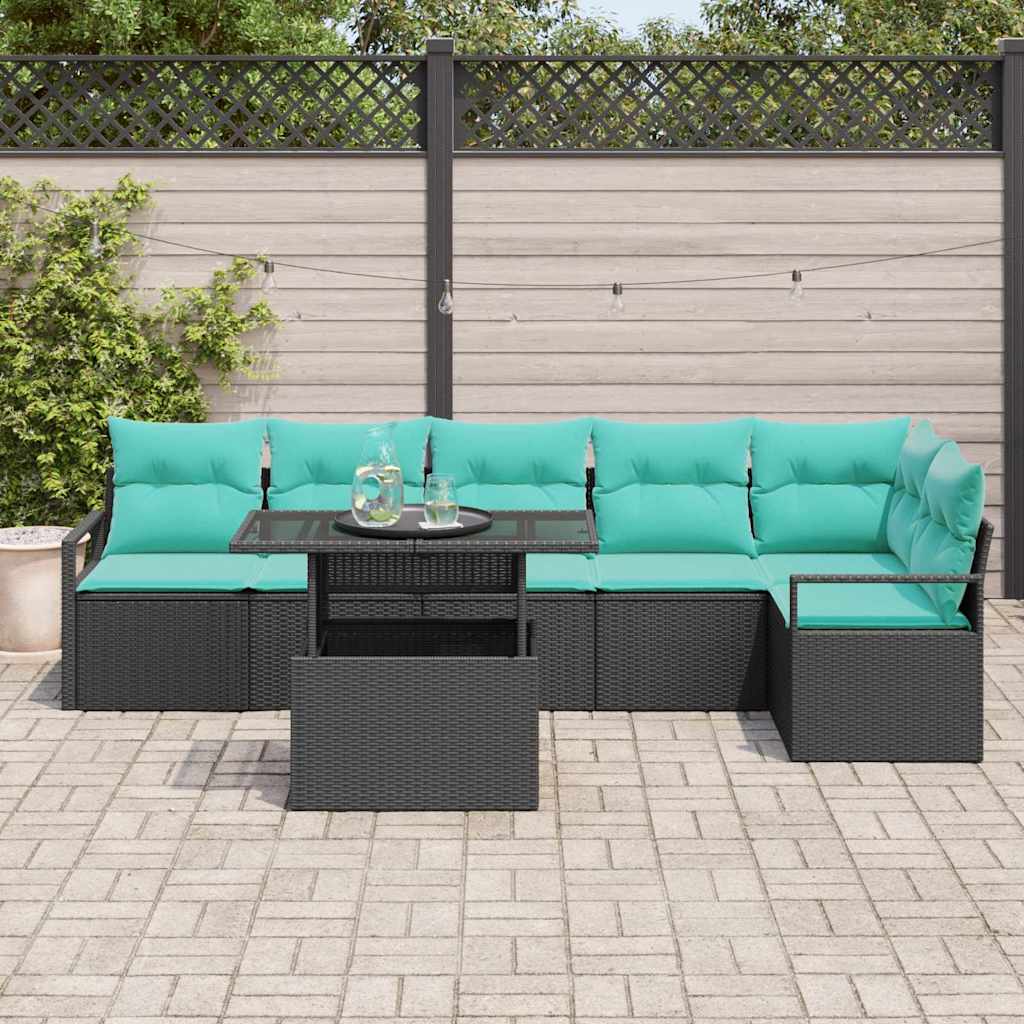 Gartensofa-set mit Speicher 7 pcs Schwarz und Blau Poly-Rattan