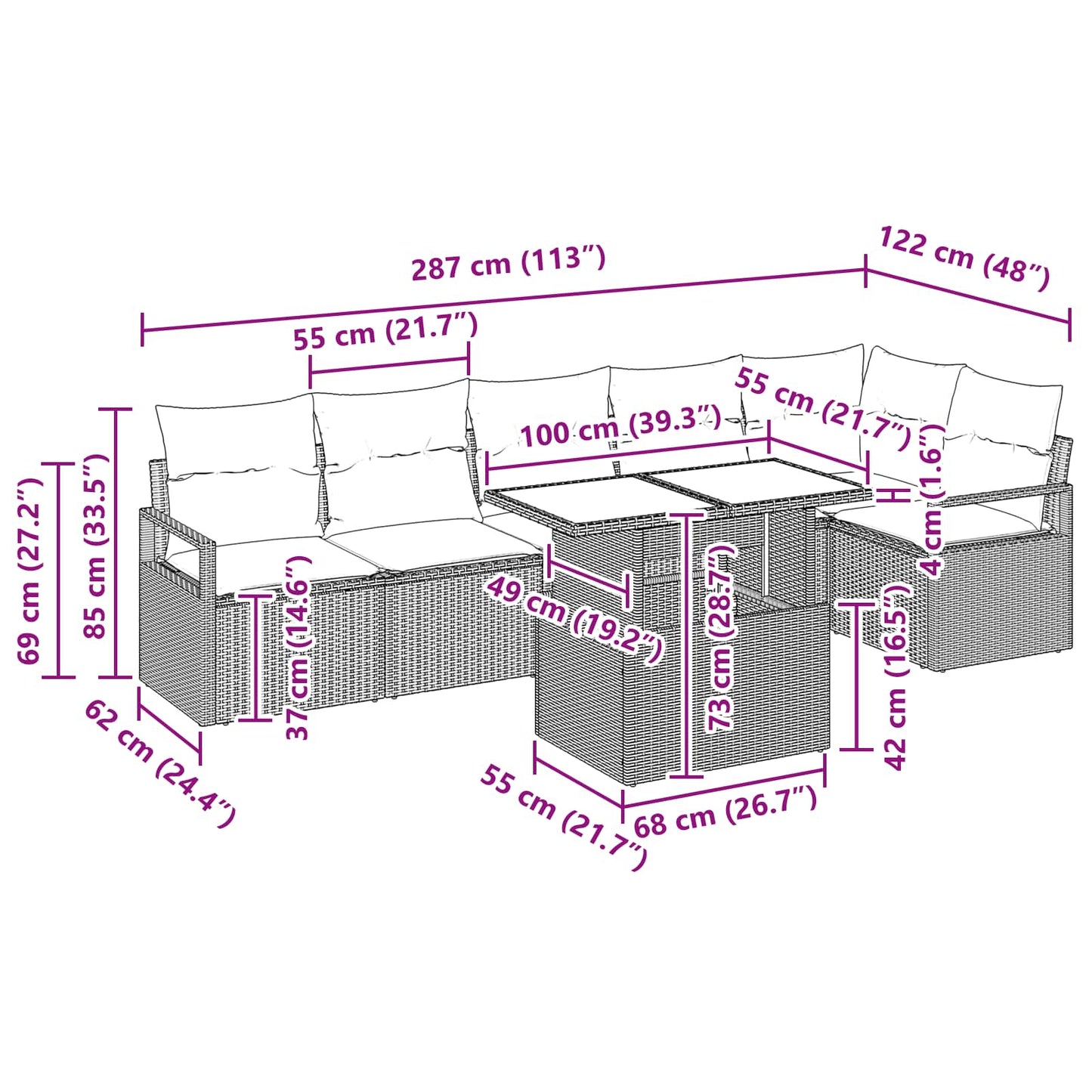 Gartensofa-set mit Speicher 7 pcs Schwarz und Blau Poly-Rattan