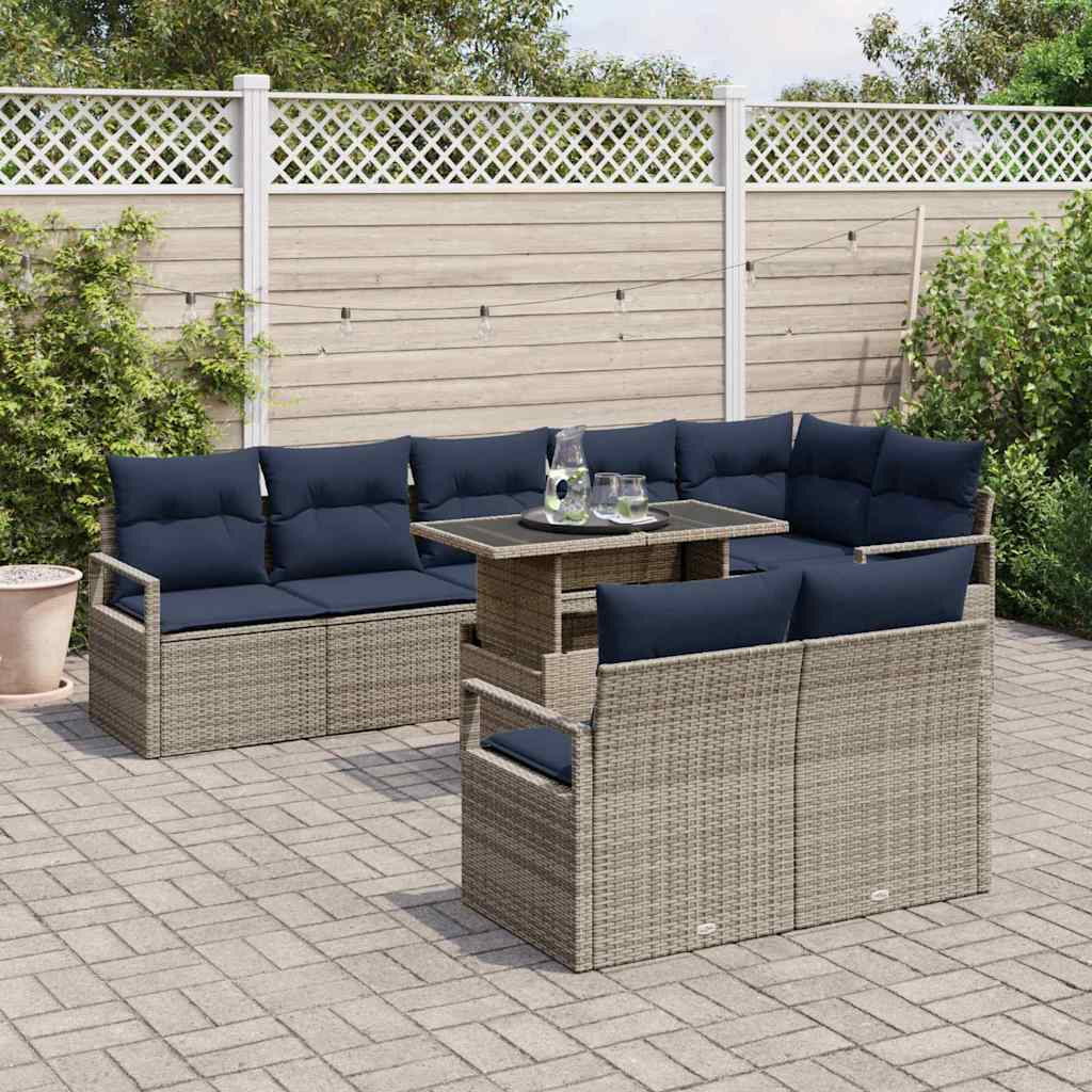 Garten-Sofa-Set 9 pcs Grau und Marineblau Poly-Rattan