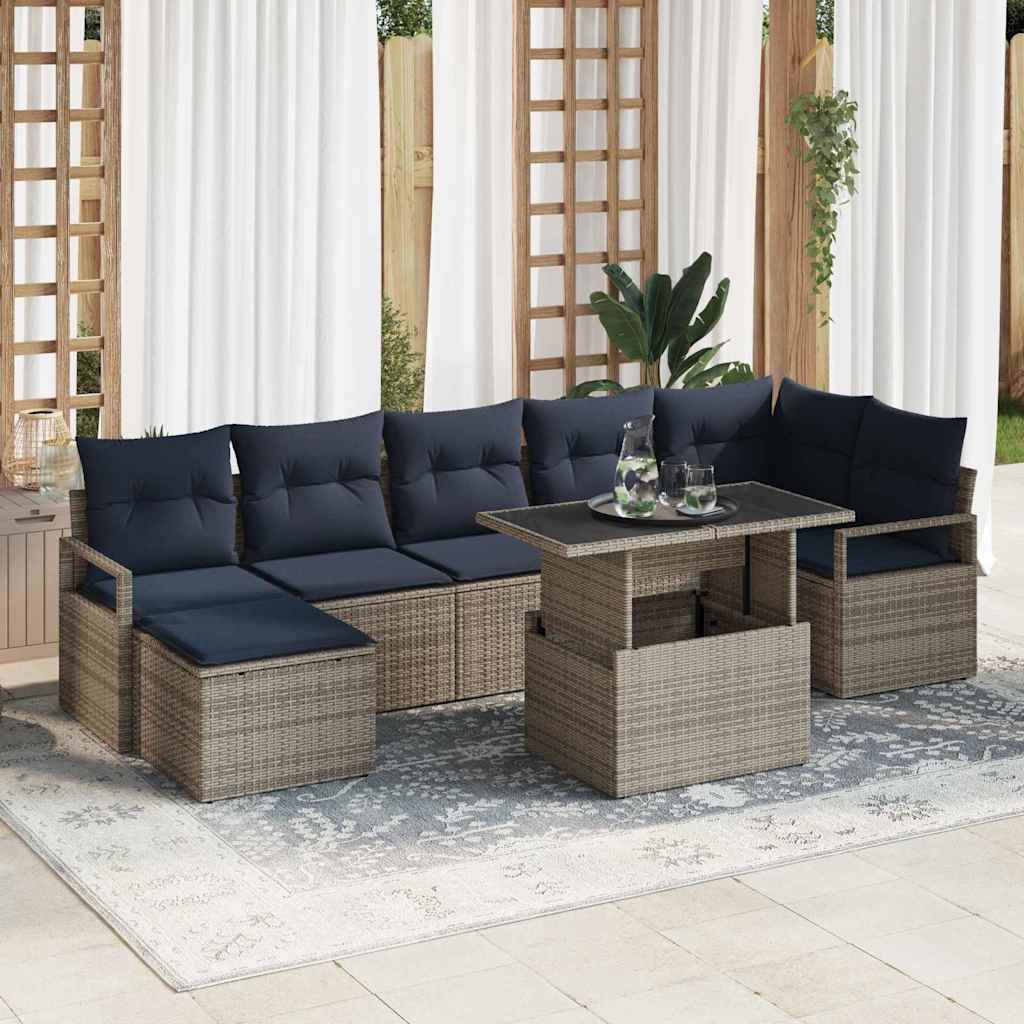 Gartensofa-set 8 pcs Grau und Marineblau Poly-Rattan