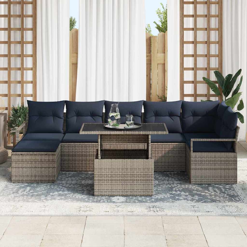 Gartensofa-set 8 pcs Grau und Marineblau Poly-Rattan