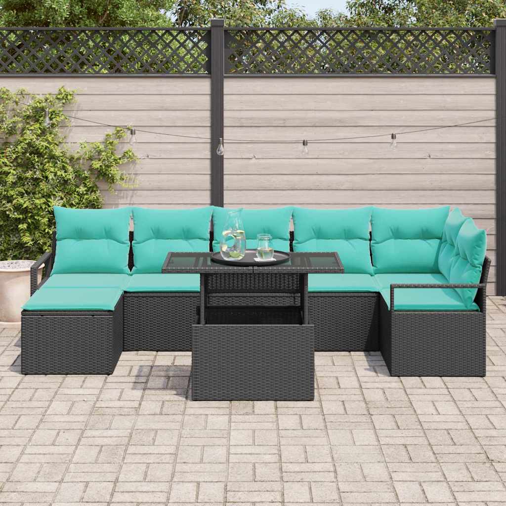 Garten-Sofa-Set mit Kissen 8 pcs Schwarz und Blau Poly-Rattan