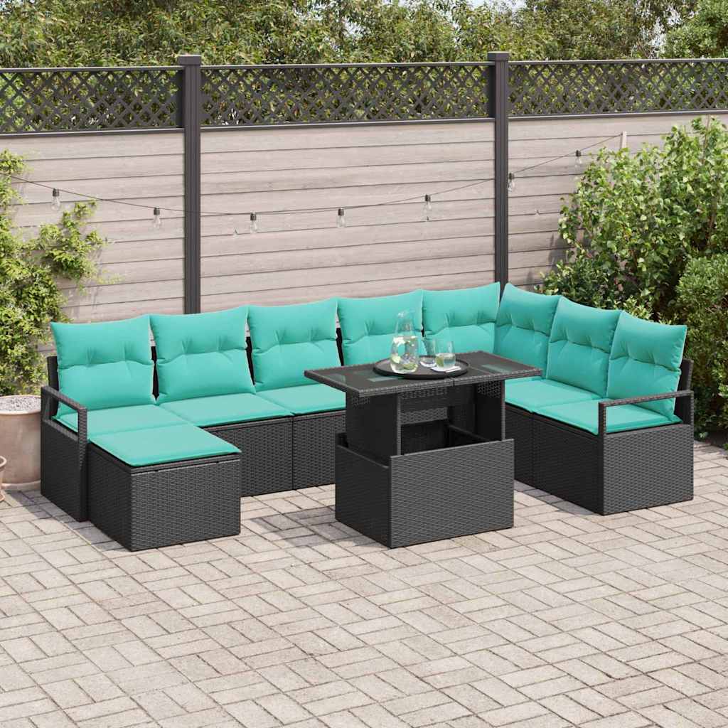 Garten-Sofa-Set mit Kissen mit Speicher 9 pcs Schwarz und blau