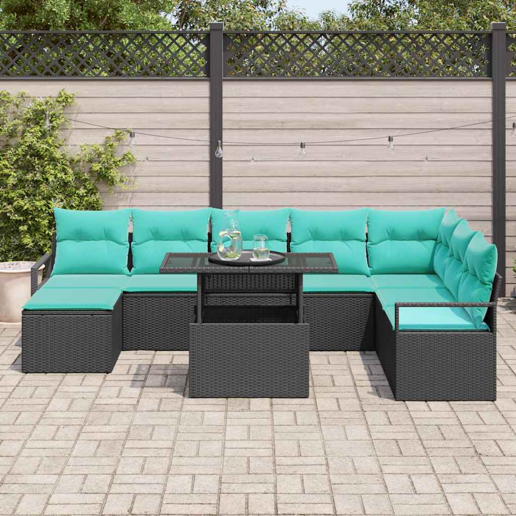 Garten-Sofa-Set mit Kissen mit Speicher 9 pcs Schwarz und blau