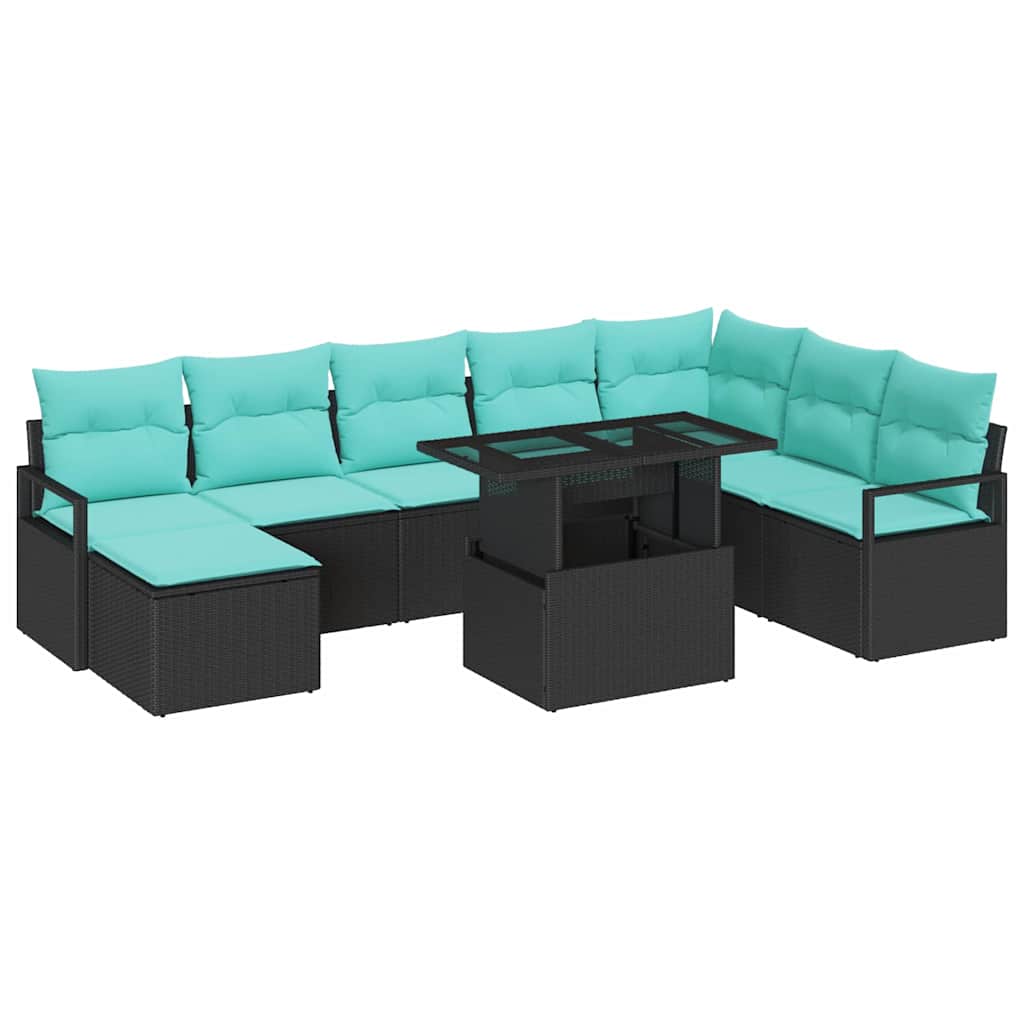 Garten-Sofa-Set mit Kissen mit Speicher 9 pcs Schwarz und blau