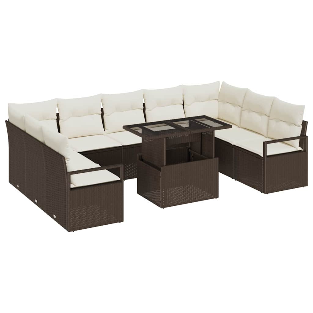 Garten-Sofa-Set mit Kissen 10 pcs Braun und Creme Poly-Rattan